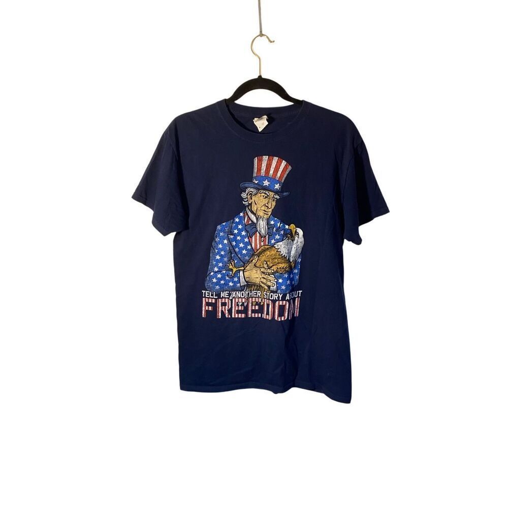 Tell me a story about freedom Uncle Sam eagle graphic, navy blue T-shirt, M